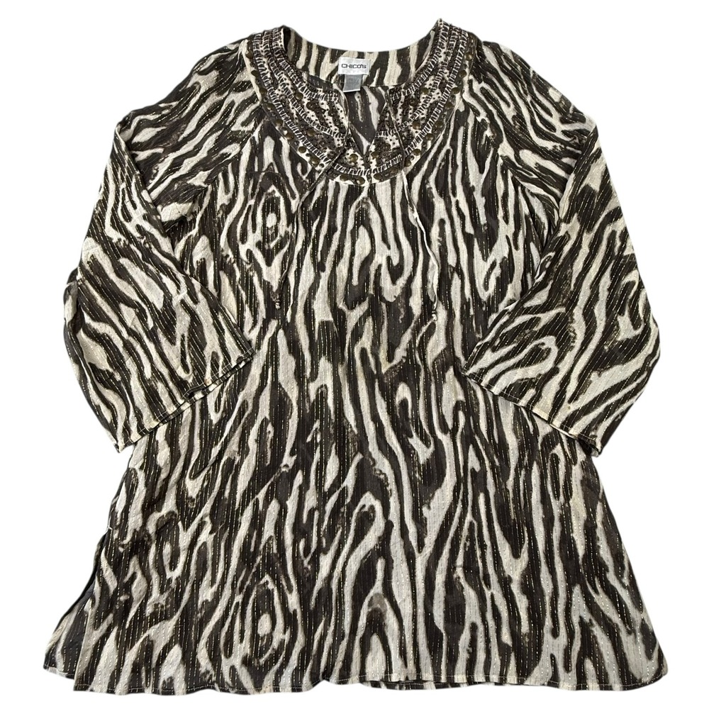 Chicos Women Top Blouse Size Medium (1) Animal‎ Print 3/4 Sleeve Shirt Tunic